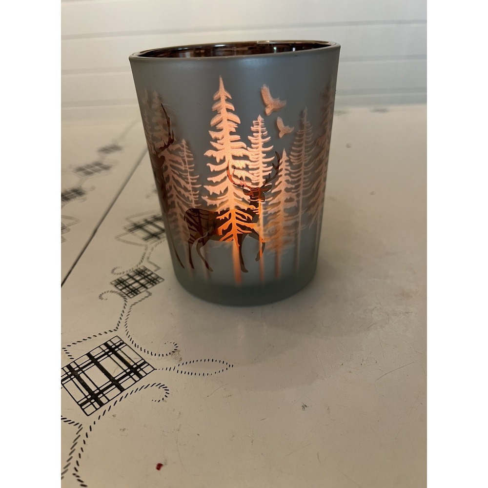 Candle Winter Forest & Deer Scene Tea Light Votive Holder Luminary Rose Gold
